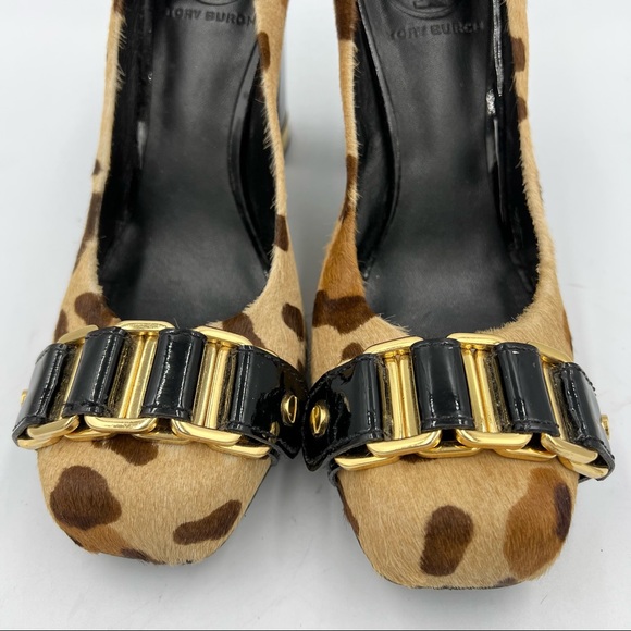 NWOT! Tory Burch Martha Leopard Print Calf Hair Chain Link Block Heel Pumps! 7M - Picture 4 of 10